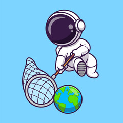 Wall Mural - cute astronaut catching earth with fishing net cartoon vector icon illustration science technology i