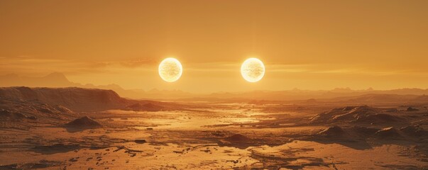 twin suns setting on a barren planet, 4k hyperrealistic photo