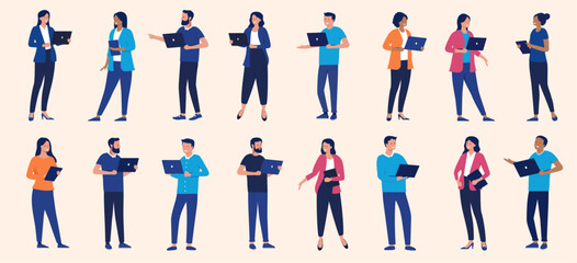 Wall Mural - People with laptops vector collection - Set of businesspeople characters holding computers in hand, working in business or office, talking and smiling in various poses. Flat design illustrations