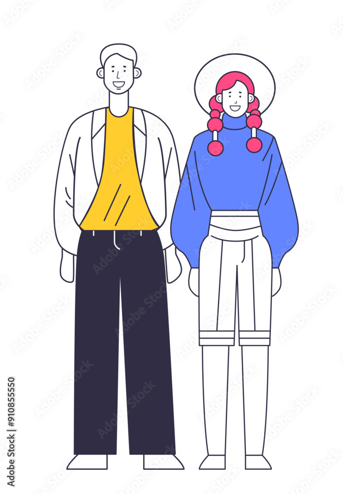 Stylized of a smiling man and woman standing side by side featuring ...