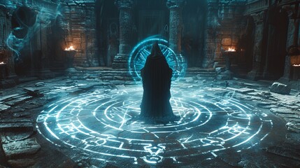 A supernatural sorcerer performing an occult ritual in an ancient temple, arcane runes glowing around, realism, shadowy ambiance, high detail, mystical vibe 8K , high-resolution, ultra HD,up32K HD