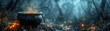 © ธนากร บัวพรหม - A black cauldron bubbling with a dark magic brew, set in a shadowy forest with glowing eyes peering from the darkness, realism, soft glow, high detail, spooky vibe 8K , high-resolution, ultra HD,up32K
