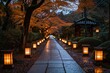 © Ifti Digital - A pathway lined with lanterns leading through a park, creating a beautiful illuminated scene, Tree alley gently lit by lanterns in a tranquil Japanese park, AI Generated