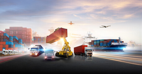 Wall Mural - Container truck in ship port for business Logistics and transportation of Container Cargo ship and Cargo plane with working crane bridge in shipyard logistic import export and transport 