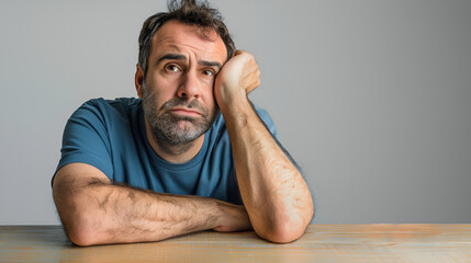 Poster - Bored Blue Collar Man in T-Shirt Sitting Behind Desk