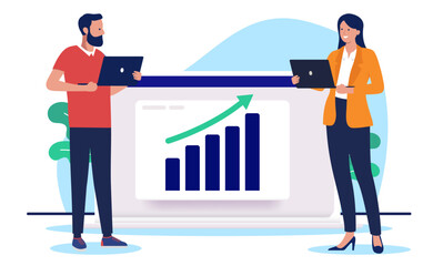 Leinwandbilder - Business success people - Businesspeople, man and woman standing with laptop computers in front of rising chart and graph with green rising arrow. Flat design vector illustration with white background