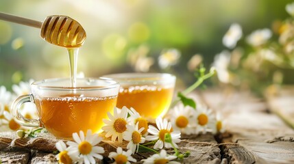 A cup of tea being sweetened with honey, surrounded by chamomile flowers.