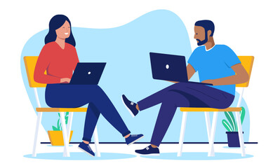 Sitting working on laptop - Two business people, man and woman sit chair cross legged with computers on lap doing work together. Flat design vector illustration with white background