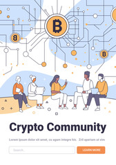 Poster - Crypto Community people discussing blockchain technology network connections minimalistic style line art background