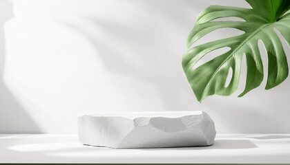 White stone product display podium with monstera leaf on white background