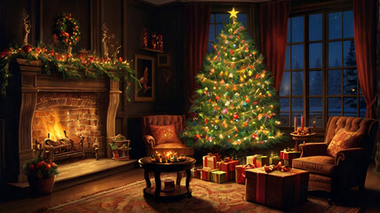 Wall Mural - christmas fireplace with christmas tree