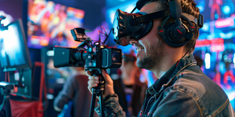 Man wearing VR headset, smiling, with video camera in the background