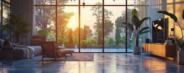 Poster - Home with large windows and minimalist design, 4K hyperrealistic photo