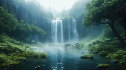 Wall Mural - A deep forest morning lighting , waterfall, mountain, mythological. Generative AI.