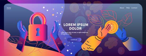 Poster - Colorful hands holding lock and coin leaves background abstract gradient security finance concept