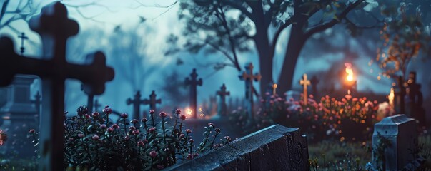 Wall Mural - Gothic Cemetery Nightfall, 4K hyperrealistic photo