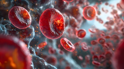 Poster showing anemia through a mix of body cells, emphasizing the deficiency in red blood cells on a complex scientific backdrop