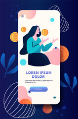 Poster - mobile app interface with woman holding coins abstract background with leaves and geometric shapes m