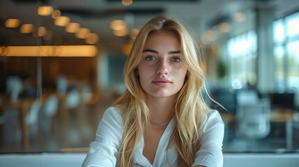 Aufkleber - Blonde girl at the table in the office. Generative AI.