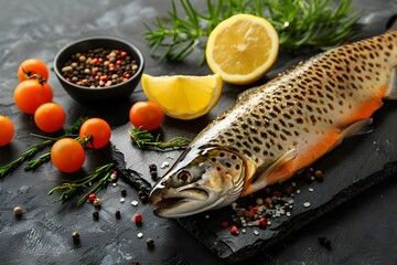 Wall Mural - Freshly Caught Trout with Cherry Tomatoes and Seasonings on Slate Plate Perfect for Culinary Blogs, Recipe Designs, and Food Presentations