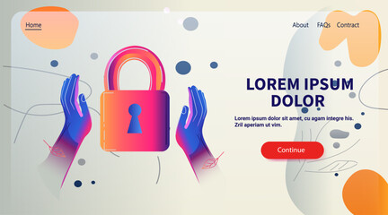 Poster - Colorful hands holding large padlock abstract background with geometric shapes and leaves digital security concept modern design