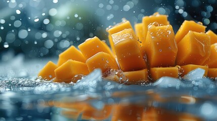 Poster - A cut mango and water, ice cubes, interesting complexity of colors, soft light. Generative AI.