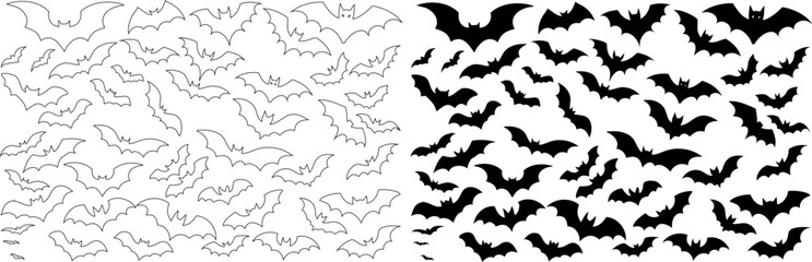 Wall Mural - bat silhouette and bats line art vector for halloween decor. black bat outline illustration. spooky 