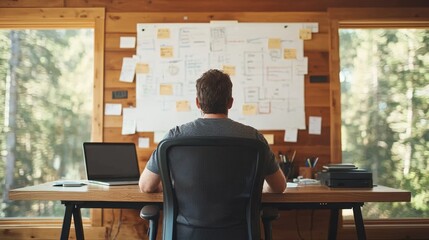 A focused individual working on a project in a serene wooden workspace with nature views, showcasing creativity and productivity.