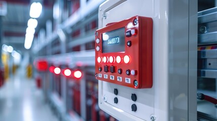 Aufkleber - Advanced fire alarm control panel with interconnected detectors and flashing alert lights, highlighting modern safety measures. Generative AI.