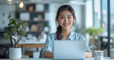 Aufkleber - A young Chinese woman was in the office, smiling broadly, dressed in light blue, sitting at a desk, working on a laptop. The background is white and clean. Generative AI.