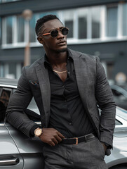 Wall Mural - A handsome young black man leaned casually against a sleek silver sports car, dressed in a dark gray suit and black shirt. He wore fashionable sunglasses and a watch. Generative AI.