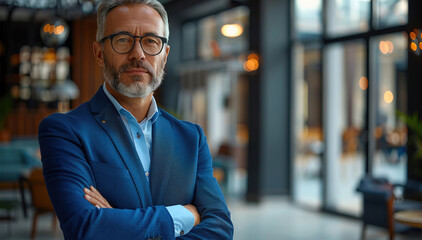 Poster - A middle-aged CEO in a blue suit, standing proudly with arms crossed in a modern office, symbolizing leadership and professionalism. Generative AI.