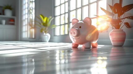 Poster - Minimalist interior, piggy bank, modern, bright. Generative AI.