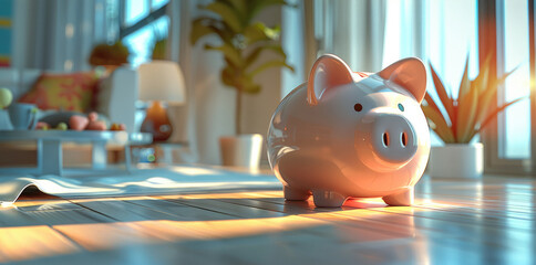 Poster - Minimalist interior, piggy bank, modern, bright. Generative AI.