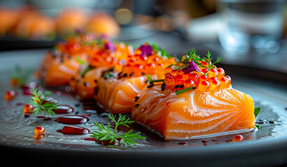 Wall Mural - A plate of salmon with a garnish of sesame seeds and red sauce