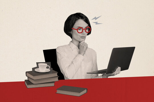Composite artwork collage image picture of girl use laptop think isolated on creative background
