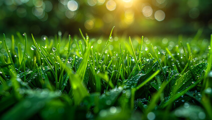 Wall Mural - A lush green field with dew drops on the grass. The grass is wet and the sun is shining on it