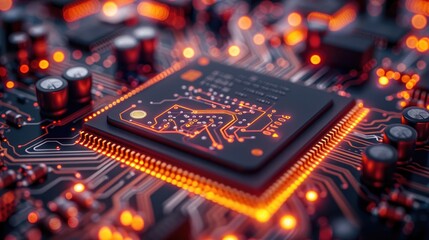 Aufkleber - PCB layout with vibrant LED lighting, emphasizing the beauty and complexity of electronic circuit design. Generative AI.