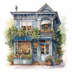 home house building architecture watercolor, cute shop front