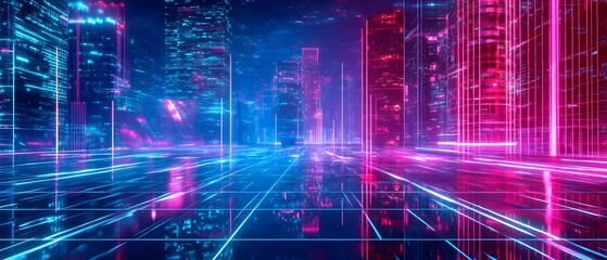 Poster - Luminous Futuristic Cityscape with Neon Grids and Aesthetic  Vibrant digital artwork featuring a colorful high contrast urban landscape with pulsing neon grids retro synthwave vibes and a surreal