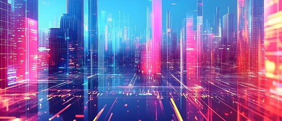 Poster - Mesmerizing futuristic cityscape showcasing neon grids vibrant colors and a digital vaporwave inspired aesthetic  This visually striking image evokes a sense of technological innovation