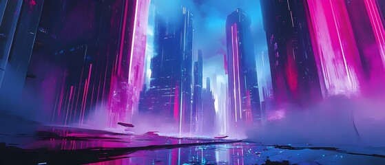 Poster - Mesmerizing Futuristic Cityscape with Neon Vaporwave Aesthetics and Vibrant Colors  Surreal digital of a modern urban landscape with glowing skyscrapers reflective surfaces and a dreamlike atmosphere