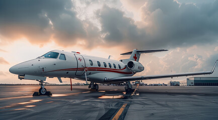Poster - An air ambulance jet standing on an airfield. Generative AI.