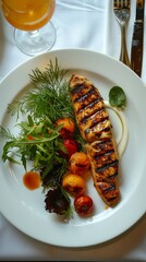 Wall Mural - Enjoy a grilled chicken fillet accompanied by vibrant vegetables and fresh herbs, served on a stylish white plate