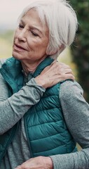 Poster - Outdoor, shoulder pain and senior woman with fitness, injury and stretching with arthritis, fatigue and burnout. Mature lady, massage and runner with inflammation, nature and osteoporosis problem