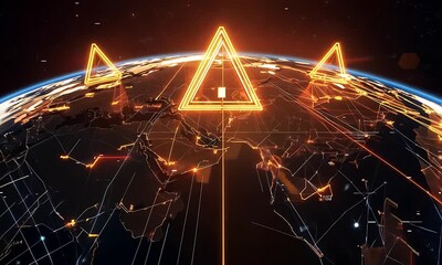 Aufkleber - Bright geometric shapes illuminate a digital representation of Earth, showcasing a dynamic, modern environment