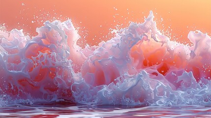 Poster - A pink and orange wave with white foam splashing over the top of it. Generative AI.