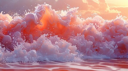 Poster - A pink and orange wave with white foam splashing over the top of it. Generative AI.