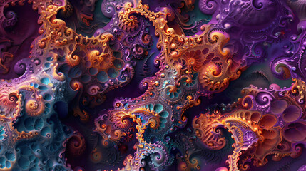 Poster - abstract fractal design with swirling shapes and intricate details in purple, orange and teal