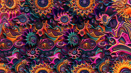 Poster - Vibrant abstract background with a psychedelic pattern featuring sunflower and organic shapes